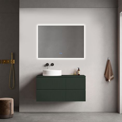 Mobile bagno sospeso cannettato reversibile  100 cm Verde Comodoro  per Lavabo d'appoggio Specchio Quadro Retroilluminato - Fiji Paint Top Canneté