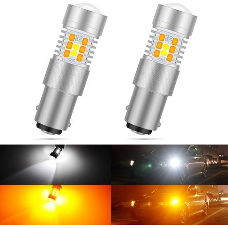 7528 1157 BAY15D Ampoules LED Switchback Blanc/Jaune Haute Puissance 3030 Jeu de puces extrêmement lumineux avec projecteur pour clignotants et feux diurnes/DRL (pack de 2)