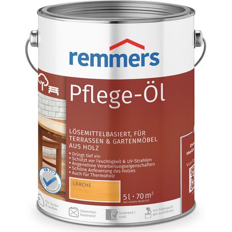 Remmers Pflege-Öl lärche, 5 Liter, Holzöl für Holz innen und außen, wasserabweisend, wetterfest, für Gartenmöbel und Holzterrassen geeignet (1/6)