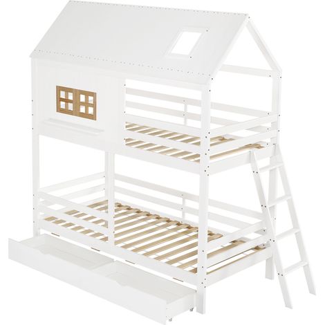 Letto a castello per bambini 90x200 cm con finestre e tetto, 2 cassetti, bianco naturale (1/5)