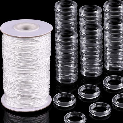100 Pièces Anneaux de Rideau Romain Transparent Anneau Romain Aveugle et 50 mètres Cordon Romain Aveugle 8-13 mm Anneaux en Plastique Transparent 1,8 mm Cordon d'Ombrage de Levage Tressé Blanc