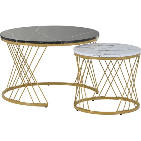 Set di 2 tavolini nesting rotondi in MDF con finitura effetto marmo e struttura in metallo dorato (1/5)