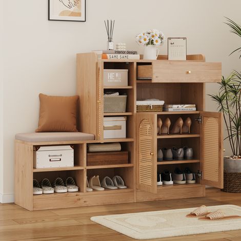 Scarpiera con panca imbottita, 3 ante effetto rattan, 1 cassetto, L142xP35xH110 cm, legno naturale (1/5)