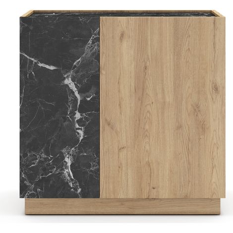Buffet, meuble de rangement avec 2 portes aspect bois coloris naturel et effet marbre noir - Longueur 80 x Profondeur 41,80 x Hauteur 78,50 cm (1/5)