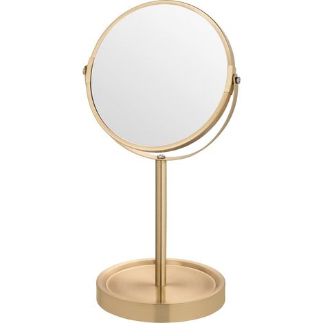 Specchio trucco da appoggio 35H in acciaio oro opaco con ingrandimento 3x e base portaoggetti (1/4)