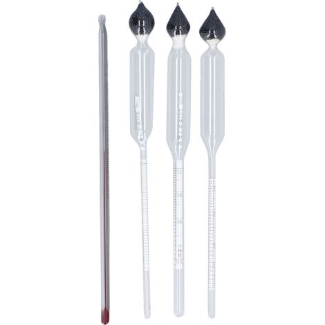 Ensemble de 3 hydromètres pour alcool domestique avec 1 thermomètre cylindrique en verre.
