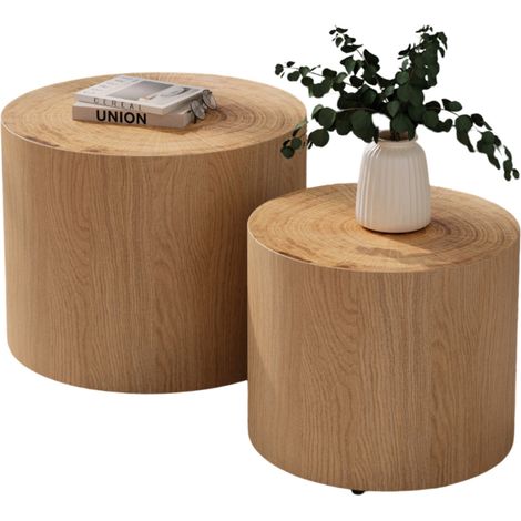 Lot de 2 tables basses gigognes rondes en bois clair, design cylindre, sans montage, pour salon, chambre ou balcon, CHICFURN (1/5)