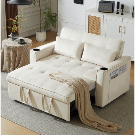 Canapé convertible 2 plazas de terciopelo beige 137 cm con respaldo reclinable y portabebidas (1/5)