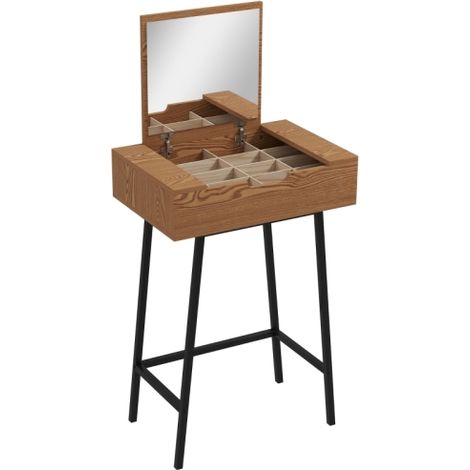 Industrial Vanity Desk with Flip-Up Mirror and 16 Storage Compartments for Bedroom-Natural Wood Finish Dressing Table