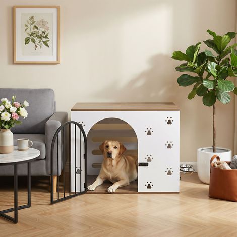 Niche d’intérieur pour chien 80 x 55 x 64 cm - Blanc/chêne clair - Station repas, 2 gamelles inox (1/5)