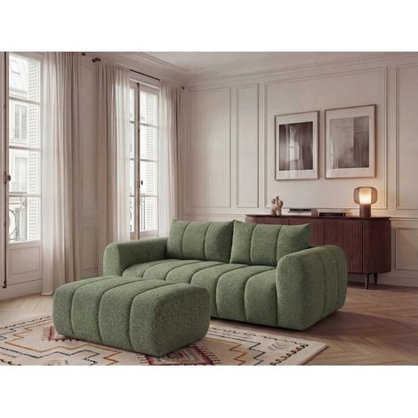 BOBOCHIC - Canapé droit fixe 3 places NESTY tissu chiné avec pouf   Vert clair
