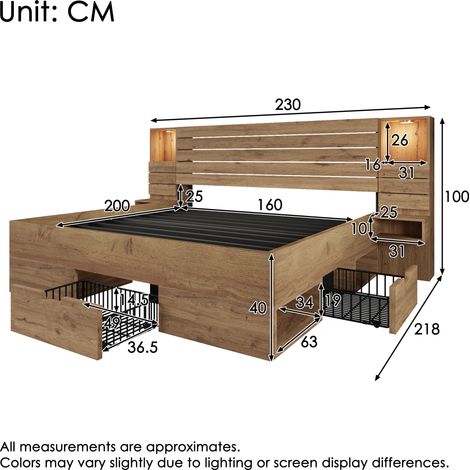 Lit double bois 160x200 cm chêne,LED miroir,USB Type-C,alcôve éclairée,tables chevet flottantes,tiroirs,sans matelas