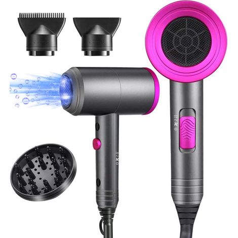 Ionen-Haartrockner, professionelle Leistung 1800 W, schonender Ionen-Haartrockner, ausgestattet mit 3 Stylingdüsen und einem Diffusor, 3 Heizstufen und separaten Tasten für heißes und kaltes Wasser. (1/4)