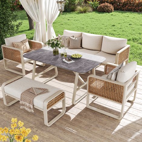 Salon de jardin modulable beige 6-7 places, PE rotin, coussins déhoussables, table 110x59x71,5 cm (1/5)