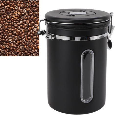 Boîte à café en grains de 1800 ml avec fenêtre, en acier inoxydable 304, fermeture hermétique, système d'évacuation unidirectionnelle, noir mat (1/5)
