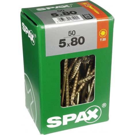 Juego de 50 tornillos de acero con cabeza avellanada SPAX Torx, Diam.5 mm x L.80 mm SPAX