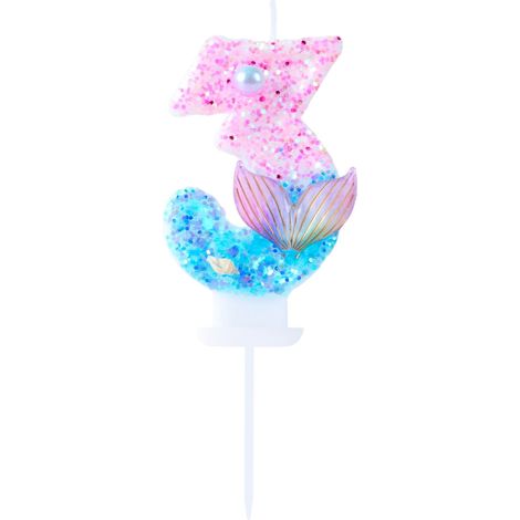 Bougie d'anniversaire sirène pour 3 ans – Paillettes roses et bleues avec perle, coquillages et queue de poisson – Thème océan 3 – Décoration de gâteau pour fête sous la mer (1/5)