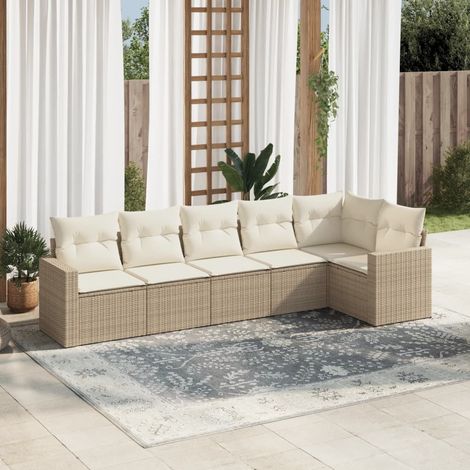 Ensemble de Salon Jardin 6 Places Résine Tressée Beige avec Coussins Lavables - Canapé d'Angle Modulaire (1/3)