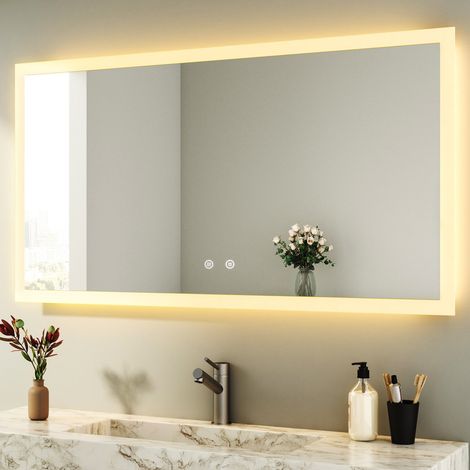 Badspiegel mit Beleuchtung 120x70 cm Groß Spiegel mit Beleuchtung Badezimmerspiegel mit Beleuchtung Lichtspiegel LED Wandspiegel mit 3 Lichtfarben Dimmbar + Beschlagfrei + Speicherfunktion (1/5)