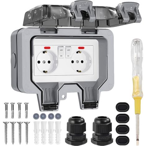 Prise extérieure double étanche IP66 avec témoin lumineux, fixation murale, avec couvercle à charnière verrouillable pour une utilisation en milieu humide.