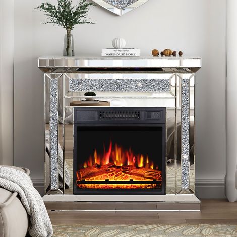 80cm Mirrored Glass Electric Fireplace Crushed Diamond Home Decor