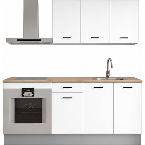 Cuisine complète 180 cm, Ensemble de meuble de cuisine coloris Blanc semi-brillant, avec plan de travail coloris Chêne (1/5)