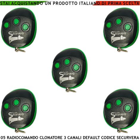 Radiocomandi Duplica Copia 3 canali 5 Pezzi Frequenza Trasmessa 433,92 MHz Potenza 1 mW Codice default Securvera 66 Bit Apprende Codici Binari Led Conferma (1/4)