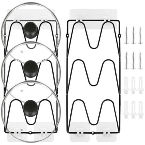 2 pièces, 6 niveaux Support de rangement pour couvercles de casseroles， sans perçage, adhésif,résistant à la rouille, pour couvercles de casseroles et poêles, rangement de cuisine（Noir ）