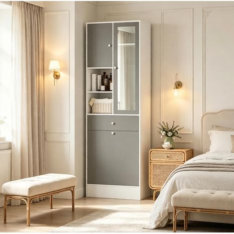 Colonne de bain 62x28,3x181 cm en aggloméré blanc/gris, panier linge, gain de place – MEUBLIV (1/5)