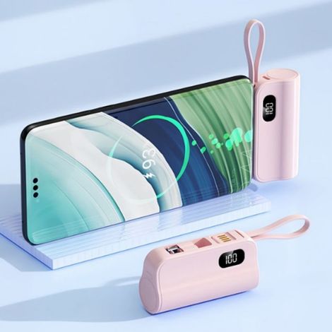 Batterie externe 5000mAh – Câble intégré, prise et support invisible – Charge rapide 10W – Pour voyage, shopping et bureau – Rose (1/4)