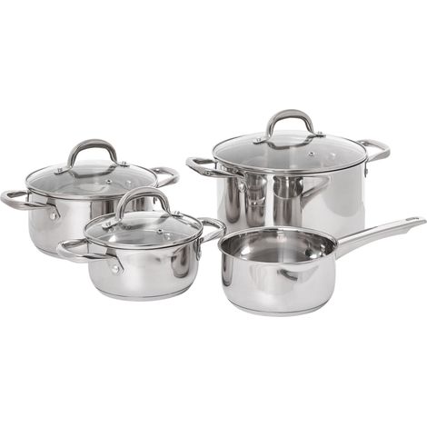 7 Piece Pot Set Silver Stainless Steel 4 Pots with Glass Lids PRIMECOOK