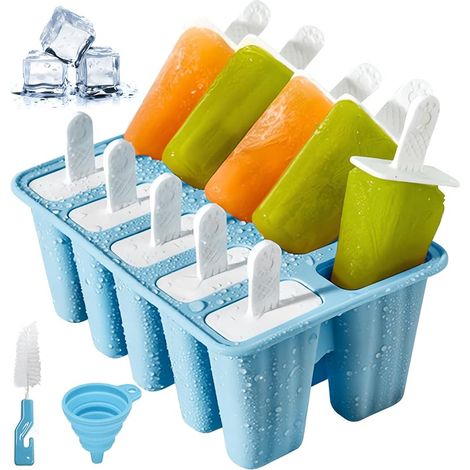 Eisform am Stiel, Eisform mit Pinseln und faltbaren Trichtern, wiederverwendbare Silikon-Eisform, BPA-frei, für Eis am Stiel und Eiscreme (Blau, 10 Mulden) (1/5)