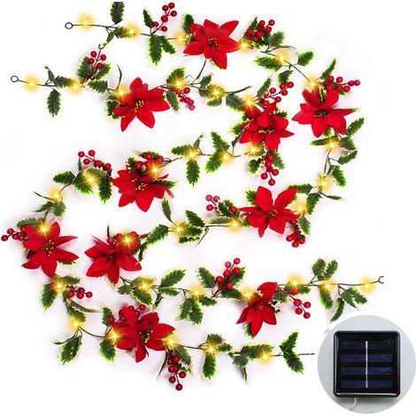 1 Guirlande d'intérieur LED de avec poinsettia houx et canne artificielle 20 lumières pour une ambiance festive à énergie solaire 3 m (1/5)