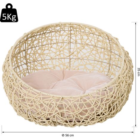 Grotte pour chat en rotin, lit pour chat, maison pour chat avec coussin, tente pour chat, niche pour chats et chiens, beige, Ø56 x 35 cm (1/5)