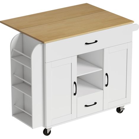 GagaIlot de cuisine a roulettes plan de travail pliable portes a fermeture douce tiroirs porte-serviettes MDF blanc (1/5)