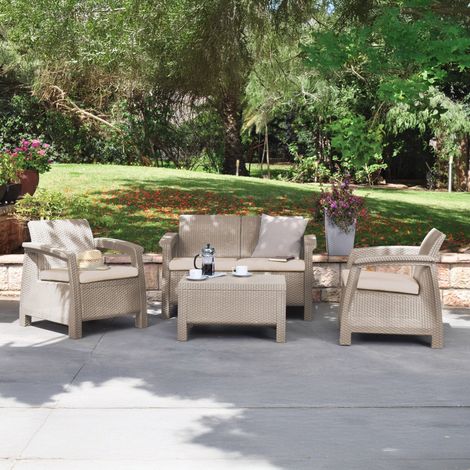 Dmora - Loungeset für draußen Nelson, Outdoor-Lounge mit Couchtisch, Terrassenset mit Kissen, Gartenkomposition mit Sofa und Sesseln, 128x70 h79 cm, Beige (1/4)