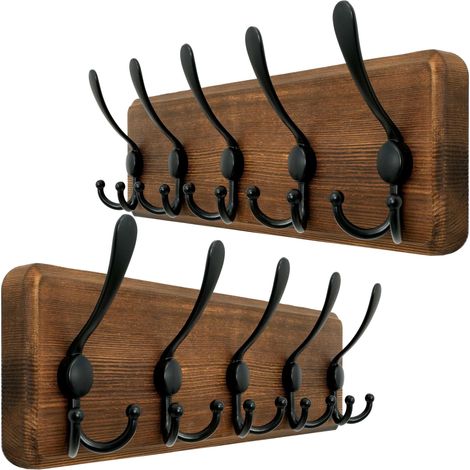 Porte Manteau Mural Bois,5 Crochets Triples,Patère Murale,44 cm Bois Massif Porte Manteau Salle De Bain pour Manteaux Veste,Marron,Lot de 2 (1/5)