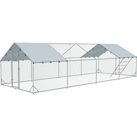 Hühnerstall Freilaufgehege aus Stahl, 300 x 800 x 195 cm Hühnerkäfig mit UV-beständiger Abdeckung, Futtertür, Hängefütterung, Sitzstange, Hühnergehege für 24-30 Hühner, Kleintiere, Silber