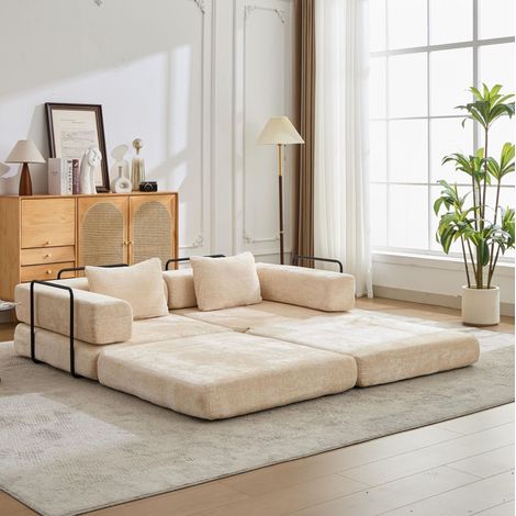 Sofá cama de suelo 200x100x63 cm de chenilla beige para espacios pequeños - CHICFURN (1/5)