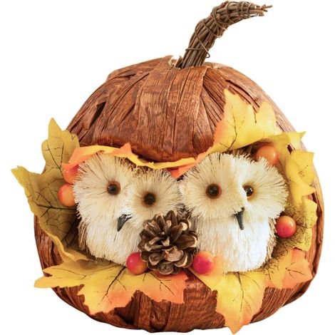 Rustic Seasonal Owl Ornament Autumn Raffia Pumpkin Decoration 18cm Fall Home Halloween Décor (1/5)