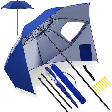 Wolketon Sonnenschirm 210 cm UV50+ mit Schraub-Erdspieß, windstabiler Strandschirm, neigbar & tragbar für Strand Balkon Garten Blau