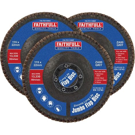 Faithfull Jumbo Zirconia Flap Disc 80 Grit - 3 Pack 115mm (1/3)