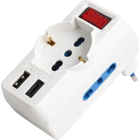 Multipresa Adattatore con Interruttore Spina 10A, 2 Prese Bipasso 10A/16A, 1 Presa Schuko Universale, USB A 3A + USB-C 3A, 250V Max 1500W