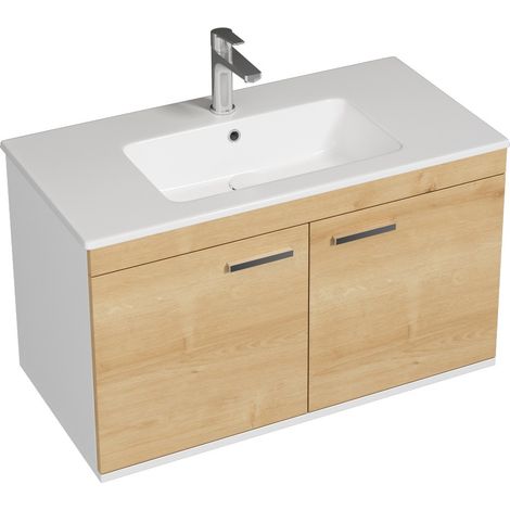 RUBITE Meuble salle de bain simple vasque 2 portes chêne clair largeur 90 cm (1/4)