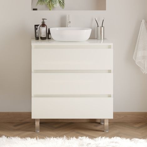 Meuble de salle de bain 60cm avec plateau et vasque à poser arrondie - 3 tiroirs - sans miroir - blanc brillant - MAYOR