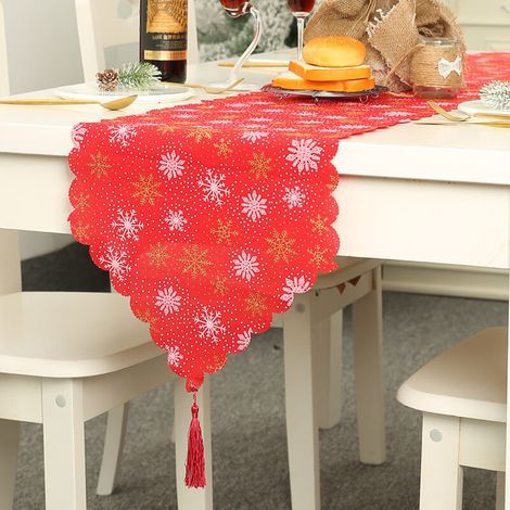 Chemin de table rouge de Noël 35x180cm en lin imprimé flocons de neige (1/3)