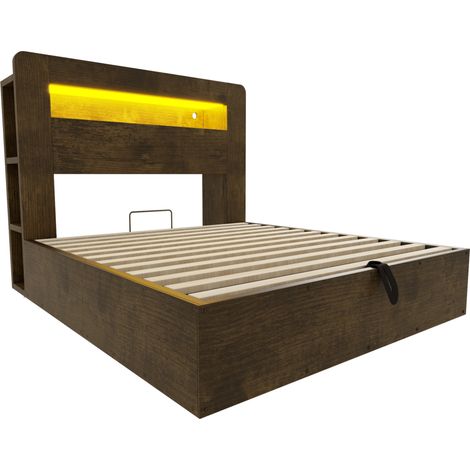 Cama con arcón de madera 140 x 200 cm con LED, enchufes y almacenaje - HOMVRA (1/5)