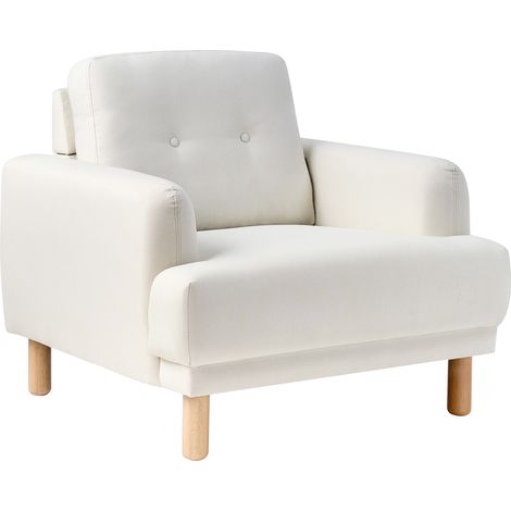 Sillón retro de tela tapizado poliéster patas madera asiento grueso blanco crema Tuve