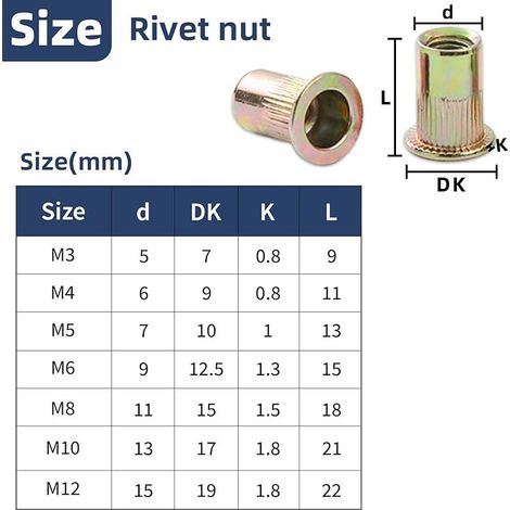 50 Pièces Écrous à Sertir M10, Inserts Filetés en Acier au Carbone Zincé à Tête Plate, Rivets Aveugles pour Métal Plastique