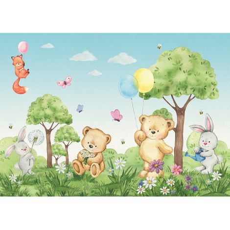 Poster intissé - animaux de la foret en couleur - ourson, renard, lapin - 155 x 110 cm (1/3)